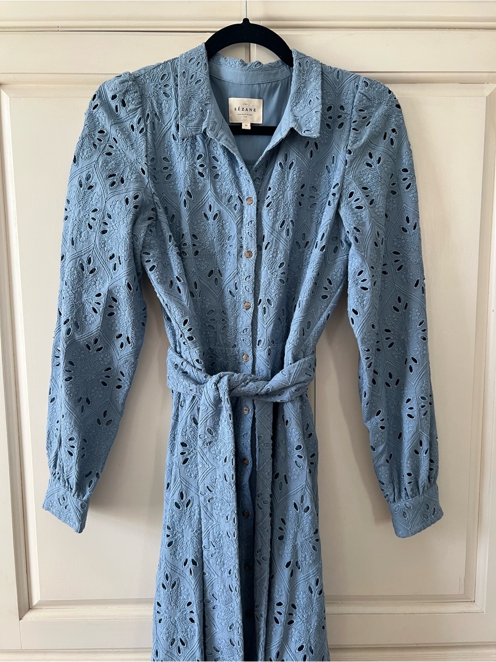 Sezane Bella Dress in Bleu Vintage, Eyelet Maxi w/ Tie Waist, size 36 - Picture 4 of 16